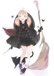 Rule 34 | 1girl, ahoge, ama mitsuki, animal, bare legs, black cat, black dress, black footwear, black gloves, blonde hair, blue eyes, blush, broom, bug, butterfly, cape, cat, choker, commentary request, dress, full body, gloves, heart, heart choker, holding, holding wand, insect, long hair, long sleeves, looking at viewer, low twintails, open mouth, original, revision, simple background, solo, toeless footwear, twintails, wand, white background