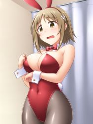 Rule 34 | 10s, 1girl, alternate costume, animal ears, bare shoulders, blush, bow, bowtie, breasts, brown eyes, brown hair, cleavage, covered navel, cowboy shot, detached collar, embarrassed, eyebrows, fake animal ears, female focus, flower, grey pantyhose, hair flower, hair ornament, hairband, idolmaster, idolmaster cinderella girls, large breasts, leotard, mimura kanako, open mouth, pantyhose, pataneet, playboy bunny, rabbit ears, red bow, red bowtie, short hair, sideboob, solo, strapless, strapless leotard, tears, wrist cuffs