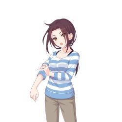 Rule 34 | blue shirt, brown eyes, brown hair, hair behind ear, looking at viewer, official art, open mouth, princess connect!, rolling sleeves up, ruka (princess connect!), ruka (real) (princess connect!), shirt, striped clothes, striped shirt, tachi-e, transparent background