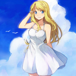 Rule 34 | 1girl, alternate costume, alternate hairstyle, arm behind back, arm up, bad id, bare shoulders, blonde hair, blue eyes, breasts, cloud, collarbone, day, dress, fullmetal alchemist, grin, hair down, halterneck, long hair, looking at viewer, medium breasts, neck, outdoors, parted lips, revision, riru, short dress, sky, solo, standing, sundress, white dress, wind, winry rockbell