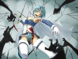 Rule 34 | 10s, 1girl, aqua eyes, bad id, bad pixiv id, bare shoulders, blood, blue hair, blurry, cape, cuts, depth of field, doemon, gloves, highres, injury, magical girl, mahou shoujo madoka magica, mahou shoujo madoka magica (anime), miki sayaka, motion blur, multiple hands, open mouth, outstretched arm, panties, short hair, solo, striped clothes, striped panties, sword, teeth, thighhighs, underwear, weapon, white gloves, white thighhighs, witch&#039;s labyrinth