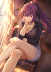 Rule 34 | 1girl, alternate costume, black ribbon, black shirt, blush, bra, bra peek, bracelet, breasts, buttons, chair, cleavage, closed mouth, collarbone, collared shirt, contemporary, crossed legs, curtains, fate/grand order, fate (series), grey skirt, hair between eyes, hair ribbon, head rest, highres, jewelry, lace, lace bra, long hair, looking at viewer, mashuu (neko no oyashiro), necklace, pendant, ponytail, purple bra, purple hair, red eyes, ribbon, scathach (fate), scathach skadi (fate), shirt, sitting, skirt, smile, solo, thighs, underwear, window