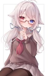 Rule 34 | 1girl, animal ears, black pantyhose, blue bow, blue eyes, blush, bow, brown sweater, closed mouth, collarbone, commission, glasses, grey hair, hair bow, hair ribbon, heterochromia, highres, long hair, long sleeves, looking at viewer, low twintails, neckerchief, original, pantyhose, pleated skirt, red eyes, red neckerchief, ribbon, ringouulu, sailor collar, school uniform, semi-rimless eyewear, simple background, skeb commission, skirt, sweater, twintails, under-rim eyewear, white background, yukino ko (yukino shiratama)