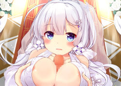 Rule 34 | 1boy, 1girl, areola slip, azur lane, bare shoulders, breasts squeezed together, breasts, bridal veil, censored, cleavage, clip studio paint (medium), dress, flower, halter dress, halterneck, illustrious (azur lane), illustrious (morning star of love and hope) (azur lane), indoors, large breasts, long hair, looking at viewer, mole, mole under eye, mosaic censoring, official alternate costume, paizuri, penis, rose, sleeveless, sleeveless dress, sou (soutennkouchi), veil, wedding dress, white dress, white flower, white rose