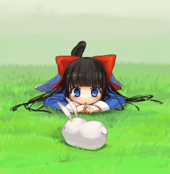 Rule 34 | 1girl, aya drevis, black hair, blood, bloodtea, blue eyes, bow, rabbit, eating, grass, hair bow, highres, long hair, mad father, snowball (mad father), solo