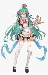Rule 34 | 1girl, alternate costume, arm behind back, commentary, crown, cup, earrings, enmaided, finana ryugu, fins, fish girl, flower, frills, full body, glasses, green hair, hair flower, hair ornament, head fins, highres, holding, holding tray, jewelry, jun wei, long hair, looking at viewer, maid, nijisanji, nijisanji en, puffy short sleeves, puffy sleeves, red eyes, short sleeves, smile, solo, teapot, thighhighs, tray, very long hair, virtual youtuber, white thighhighs, wrist cuffs