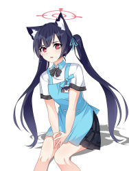 Rule 34 | 1girl, angel&#039;s 24 uniform (blue archive), animal ear fluff, animal ears, apron, black bow, black bowtie, black hair, black skirt, blue apron, blue archive, blue ribbon, bow, bowtie, extra ears, fang, hair ribbon, halo, highres, long hair, maxwelzy, open mouth, red eyes, red halo, ribbon, serika (blue archive), shadow, skin fang, skirt, solo, striped bow, striped bowtie, striped clothes, striped skirt, twintails, very long hair, white background