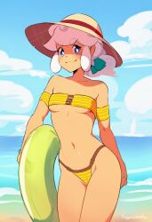 Rule 34 | 1girl, armband, artist name, bare shoulders, beach, bikini, blue eyes, blue sky, breasts, cloud, commentary, cowboy shot, day, english commentary, hat, highres, innertube, looking at viewer, medium hair, navel, original, outdoors, sky, small breasts, smile, solo, squeezable (squeezabledraws), stomach, strapless, strapless bikini, sun hat, swim ring, swimsuit, taffy (squeezable), thighs, white hair, yellow bikini
