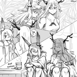 Rule 34 | 2girls, ^ ^, animal ears, antlers, arknights, bare shoulders, bow, bowtie, breasts, closed eyes, coffee cup, collarbone, commentary, crossed arms, cup, deer antlers, deer ears, deer girl, disposable cup, dlanon, english commentary, english text, frostnova (arknights), greyscale, hair between eyes, hair over one eye, hat, holding, holding cup, hood, hood down, hooded jacket, horns, jacket, looking at another, looking at breasts, monochrome, multiple girls, no mouth, nude, open clothes, open jacket, open mouth, rabbit ears, rabbit girl, scar, scar across eye, shirt, sitting, small breasts, smile, speech bubble, straw hat, sun hat, tank top, twitter username