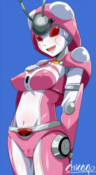 Rule 34 | 1girl, artist name, b-robo kabutack, blue background, blush, breasts, cameltoe, chicago-x, cowboy shot, covered erect nipples, groin, highres, medium breasts, metal hero, open mouth, robot, smile, solo, tentorina