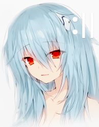 Rule 34 | 1girl, ayanami rei, bad id, bad pixiv id, blue hair, breasts, cleavage, collarbone, commentary request, completely nude, evangelion: 3.0+1.0 thrice upon a time, grey background, hair between eyes, headgear, highres, long hair, looking at viewer, neon genesis evangelion, nude, out-of-frame censoring, parted lips, rebuild of evangelion, red eyes, rekareka, simple background, small breasts, solo, spoilers, upper body