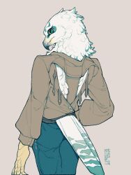 Rule 34 | 1boy, beak, bird boy, bird tail, blue pants, brown background, brown jacket, clothing cutout, commentary, cowboy shot, feathers, folded wings, from behind, furry, furry male, highres, jacket, long sleeves, looking at viewer, looking back, male focus, original, pants, shuini xiaomao, signature, simple background, solo, standing, symbol-only commentary, tail, tail through clothes, talons, white feathers
