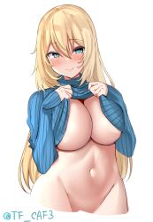 Rule 34 | 1girl, alternate costume, atago (kancolle), blonde hair, blush, breasts, cowboy shot, green eyes, highres, kantai collection, large breasts, long hair, long sleeves, looking at viewer, navel, one-hour drawing challenge, ribbed sweater, simple background, smile, solo, sweater, tf cafe, twitter username, white background