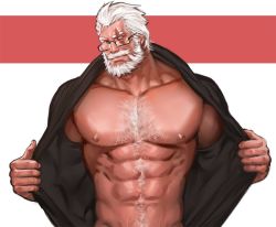 Rule 34 | 1boy, abs, alternate costume, bara, bare pectorals, baywatch, beard, black-framed eyewear, black shirt, chest hair, dopey (dopq), facial hair, hair slicked back, large pectorals, looking at viewer, male focus, muscular, muscular male, mustache, navel, navel hair, nipples, old, old man, open clothes, open shirt, overwatch, overwatch 1, pectorals, reinhardt (overwatch), scar, scar across eye, scar on face, shirt, short hair, solo, stomach, upper body, white hair