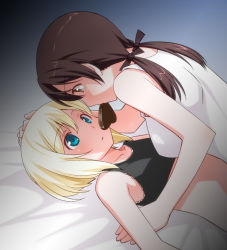 Rule 34 | 2girls, bare shoulders, blonde hair, blue eyes, brown eyes, brown hair, candy, chocolate, chocolate heart, collarbone, erica hartmann, food, gertrud barkhorn, girl on top, hand in own hair, heart, lying, mouth hold, multiple girls, on back, short hair, sports bra, strike witches, twintails, umekichi, upper body, valentine, world witches series, yuri