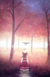 Rule 34 | 2girls, akyuun, backlighting, bird wings, bow, brown hair, cherry blossoms, flying, forest, from behind, gohei, hair bow, hakurei reimu, light particles, multiple girls, nature, night, outdoors, ponytail, reiuji utsuho, silhouette, standing, standing on liquid, touhou, wings