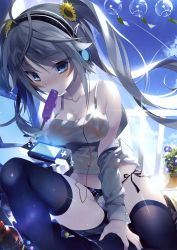 Rule 34 | 1girl, absurdres, backlighting, bare shoulders, black panties, black thighhighs, blue eyes, blue sky, blush, bow, bow panties, breasts, cable, cleavage, collared shirt, covered erect nipples, covered navel, croppped, day, dress shirt, flower, flower pot, food, grey hair, hair flower, hair ornament, handheld game console, headphones, highres, long hair, looking at viewer, medium breasts, mouth hold, no bra, non-web source, open clothes, open shirt, original, otona no moeoh, panties, popsicle, scan, see-through, shirt, side-tie panties, sitting, sky, sleeveless, solo, string panties, sunflower, sunflower hair ornament, thighhighs, twintails, underwear, wet, wet clothes, wet shirt, white shirt, wind chime, yellow flower, yoruneko