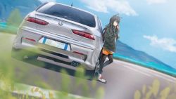 Rule 34 | 1girl, alfa romeo, alfa romeo 156, alfa romeo 156 gta, animal ears, arknights, artist name, asama (drift in), black hair, black jacket, black pantyhose, blurry, boots, car, cigarette, closed mouth, cloud, cloudy sky, day, depth of field, dutch angle, grass, hand in pocket, highres, hood, hooded jacket, jacket, long hair, long sleeves, looking at viewer, motor vehicle, mountain, multicolored hair, ocean, orange eyes, orange shorts, outdoors, pantyhose, red hair, road, short shorts, shorts, sky, solo, tail, texas (arknights), two-tone hair, vehicle focus, white footwear, wolf ears, wolf tail