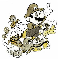 Rule 34 | 1boy, 3others, aircraft, airplane, china clothes, facial hair, fish, flying, gloves, goombo, gunion, hat, jumping, king totomesu, mario, mario (series), monster, multiple others, mustache, nintendo, octopus, official alternate costume, official art, pionpi, promotional art, pyramid (structure), smile, submarine, super mario land, sweat, torion, watercraft