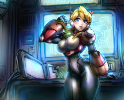 Rule 34 | 1girl, absurdres, alia (mega man), android, arm support, blonde hair, blue eyes, blush, breasts, cable, capcom, gloves, headset, highres, huge filesize, large breasts, long hair, mega man (series), mega man x (series), minster (dooke), monitor, open mouth, robot ears, solo, white gloves