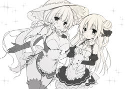 Rule 34 | 2girls, :d, alternate costume, apron, azur lane, blush, breasts, cleavage, closed mouth, collared dress, detached sleeves, dress, enmaided, frilled apron, frills, greyscale, hair between eyes, hair bun, hair ribbon, hand on own chest, hand up, hat, illustrious (azur lane), juliet sleeves, large breasts, long hair, long sleeves, maid, monochrome, multiple girls, hugging object, one side up, open mouth, panties, puffy sleeves, purinpurin, ribbon, side-tie panties, side bun, simple background, single hair bun, single side bun, sleeveless, sleeveless dress, small breasts, smile, sparkle, stuffed animal, stuffed toy, stuffed winged unicorn, sun hat, thighhighs, underwear, unicorn (azur lane), very long hair, waist apron, white background