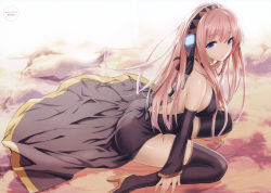 Rule 34 | 1girl, absurdres, artist name, boots, detached sleeves, headphones, high heels, highres, long hair, looking at viewer, megurine luka, parted lips, pink hair, purple eyes, saitou masatsugu, scan, shoes, sitting, solo, thigh boots, thighhighs, very long hair, vocaloid, wariza