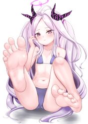 Rule 34 | 1girl, barefoot, bikini, blue archive, blush, feet, highres, hina (blue archive), horns, kagura0, long hair, looking at viewer, purple eyes, soles, swimsuit, toes, white background