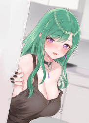 Rule 34 | 1girl, apron, bare shoulders, bead necklace, beads, black apron, black choker, black nails, blush, breasts, choker, earrings, green hair, highres, indoors, jewelry, large breasts, long hair, looking at viewer, nail polish, naked apron, necklace, no bra, nose blush, open mouth, purelove acc, purple eyes, single earring, solo, strap slip, sweat, swept bangs, textless version, upper body, virtual youtuber, vspo!, yakumo beni