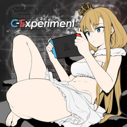 Rule 34 | album cover, barefoot, blonde hair, blue eyes, breasts, chair, cover, crown, eight tohyama, english text, expressionless, fur collar, handheld game console, highres, holding, holding handheld game console, leaning back, long hair, looking at screen, medium breasts, mini crown, nintendo switch, phant (taishi), sitting, skirt, slouching, strapless, tube top