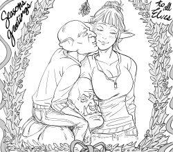 Rule 34 | 1girl, 2boys, bad id, bb (baalbuddy), blush, breasts, christmas, christmas wreath, cleavage, closed mouth, commentary, elf, english commentary, english text, goblin, greyscale, hair bun, head tilt, highres, inactive account, jitome, kiss, kissing cheek, long sleeves, looking at viewer, monochrome, multiple boys, nose piercing, nose ring, orc, original, piercing, pointy ears, sanpaku, shirt, simple background, single hair bun, smile, tusks, white background, wreath