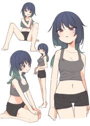 Rule 34 | 1girl, arm on another&#039;s shoulder, bare shoulders, barefoot, black hair, black shorts, blush, breasts, brown eyes, cleavage, collarbone, gradient hair, green hair, grey shirt, highres, jitome, kamo (kamonabe 44), knees up, long hair, medium breasts, midriff, multicolored hair, multiple views, navel, original, parted lips, seiza, shirt, shorts, simple background, sitting, smile, standing, sweatdrop, tank top, white background