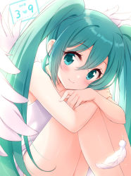 Rule 34 | 1girl, 39, blush, dated, feathers, green eyes, green hair, hatsune miku, hugging own legs, looking at viewer, smile, snowmi, solo, twintails, vocaloid, white background, wings