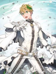 Rule 34 | 10s, 1boy, arthur pendragon (fate), artist name, blonde hair, bodysuit, chain, cosplay, fate/extra, fate/extra ccc, fate/prototype, fate (series), flower, gearous, gloves, green eyes, highres, laurel crown, lily (flower), lock, male focus, nero claudius (bride) (fate), nero claudius (bride) (fate) (cosplay), nero claudius (fate), open mouth, padlock, petals, veil, white gloves, zipper