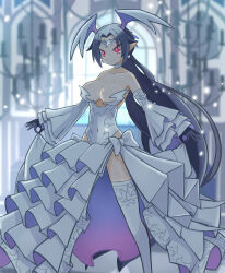 Rule 34 | 1girl, bare shoulders, black gloves, black hair, bow, breasts, choker, circlet, cleavage, closed mouth, collarbone, covered navel, detached sleeves, disgaea, earrings, feet out of frame, gloves, head wings, highres, holding, holding clothes, holding skirt, jewelry, large breasts, layered skirt, layered sleeves, legs apart, leotard, long hair, looking at viewer, makai senki disgaea 6, melodia (disgaea), outstretched arms, pointy ears, red eyes, shiny skin, skirt, slit pupils, smile, solo, spread arms, standing, suaman, thighhighs, white bow, white choker, white leotard, white skirt, white sleeves, white thighhighs, wings