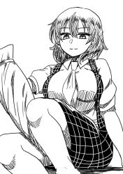 Rule 34 | 1girl, breasts, closed mouth, greyscale, hair between eyes, highres, himajin noizu, kazami yuuka, large breasts, looking at viewer, monochrome, neckerchief, parasol, short hair, short sleeves, simple background, sitting, skirt, smile, solo, touhou, umbrella, white background