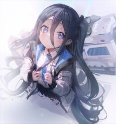 Rule 34 | 1girl, absurdres, aris (blue archive), black hair, blue archive, blue eyes, blue necktie, blush, closed mouth, commentary, from above, hair between eyes, hair spread out, halo, highres, jacket, kyaroru, long bangs, long hair, looking at viewer, necktie, one side up, open clothes, open jacket, railgun, sidelocks, solo, standing, very long hair, weapon, weapon on back