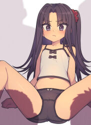Rule 34 | 1girl, 2boys, black hair, black panties, black trim, blush, camisole, collarbone, commentary, everyntrge, feet out of frame, flat chest, frown, hair ornament, hair scrunchie, looking at viewer, multiple boys, navel, original, panties, purple eyes, red scrunchie, scrunchie, shadow, spaghetti strap, spread legs, sweat, underwear, white background, white camisole