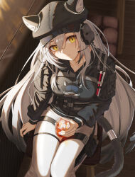 Rule 34 | 1girl, animal ears, arknights, closed mouth, collarbone, cup, hat, headphones, holding, holding cup, ice, jacket, leopard ears, leopard girl, leopard tail, long hair, long sleeves, looking at viewer, pants, schwarz (arknights), shironekoban, sitting, solo, tail, white hair, yellow eyes