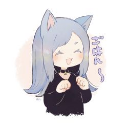 Rule 34 | 1girl, :3, :d, animal ears, ayu (mog), bell, black shirt, blush stickers, cat ears, choker, closed eyes, facing viewer, grey hair, jingle bell, long sleeves, neck bell, open mouth, original, paw pose, shirt, signature, smile, solo, swept bangs, translated