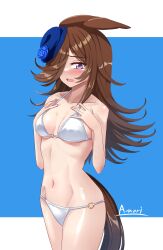 Rule 34 | 1girl, a.nori, absurdres, animal ears, artist name, bikini, blue background, blue flower, blue hat, blue rose, blush, bowler hat, breasts, brown hair, commentary, cowboy shot, embarrassed, flower, groin, hair over one eye, hands on own chest, hat, hat flower, highres, horse ears, horse girl, horse tail, long bangs, long hair, looking at viewer, medium breasts, nose blush, o-ring, o-ring bottom, rice shower (umamusume), rose, solo, standing, swimsuit, tail, tilted headwear, two-tone background, umamusume, white bikini