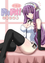 Rule 34 | 1girl, animal ears, elbow gloves, female focus, gloves, jema, no pants, patchouli knowledge, sexually suggestive, solo, thighhighs, thighs, touhou