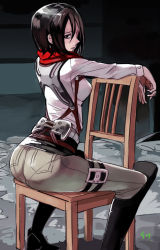 Rule 34 | 1girl, ass, black eyes, black hair, black legwear, boots, chair, expressionless, hair between eyes, harness, huge ass, knee boots, long sleeves, looking at viewer, looking back, mikasa ackerman, outstretched arms, pants, pantylines, profile, sanzhuangwangcat, scarf, shingeki no kyojin, shirt, short hair, signature, sitting, sitting backwards, sketch, solo, thigh strap