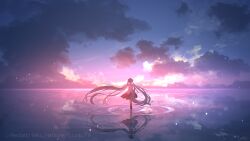 Rule 34 | 1girl, aqua hair, black skirt, character name, chinese commentary, cloud, commentary, commentary request, english commentary, english text, from behind, hatsune miku, headphones, headset, highres, long hair, mixed-language commentary, outdoors, reflection, reflective water, rune xiao, scenery, skirt, sky, solo, sunset, twintails, very long hair, vocaloid, wading, water