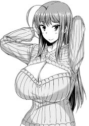 Rule 34 | 1girl, adjusting hair, ahoge, breasts, cleavage, cleavage cutout, closed mouth, clothing cutout, greyscale, huge breasts, komusou (jinrikisha), long hair, long sleeves, looking at viewer, meme attire, monochrome, ooba minori, open-chest sweater, original, ribbed sweater, simple background, smile, solo, standing, sweater, white background