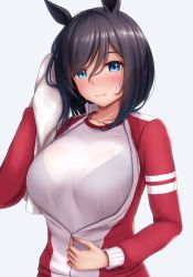 Rule 34 | 1girl, :3, animal ears, bad id, bad pixiv id, black hair, blue eyes, blush, bob cut, breasts, collarbone, eishin flash (umamusume), hair between eyes, highres, horse ears, horse girl, jacket, jersey, large breasts, looking at viewer, partially unzipped, see-through, see-through shirt, simple background, smile, solo, swept bangs, tapisuke, track jacket, track suit, umamusume, unzipping, upper body, wet, wet clothes, white background