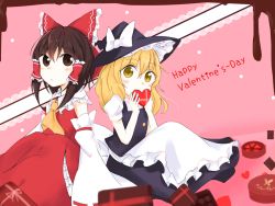 Rule 34 | apron, ascot, blonde hair, blouse, blush, bow, box, box of chocolates, brown eyes, brown hair, chocolate, commentary, covering own mouth, detached sleeves, gift, gift box, hair bow, hair tubes, hakurei reimu, happy valentine, hat, heart-shaped box, insuu0511, kirisame marisa, large bow, long skirt, looking at viewer, medium hair, petticoat, puffy short sleeves, puffy sleeves, shirt, short sleeves, side-by-side, sitting, skirt, skirt set, touhou, valentine, vest, waist apron, witch hat, yellow ascot, yellow eyes
