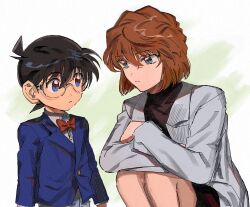 Rule 34 | 1boy, 1girl, black hair, black skirt, blue jacket, bow, bowtie, brown hair, closed mouth, coat, crossed arms, edogawa conan, eye contact, glasses, grey pants, highres, jacket, knees up, lab coat, looking at another, meitantei conan, miyano shiho, open clothes, open coat, pants, red bow, red bowtie, round eyewear, segami, short hair, skirt