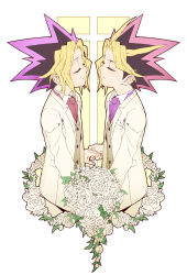 Rule 34 | 2boys, blonde hair, bouquet, chesha, closed eyes, cross, dyed bangs, flower, formal, highres, holding hands, husband and husband, male focus, multicolored hair, multiple boys, muto yugi, necktie, profile, purple hair, red hair, rose, spiked hair, suit, symmetry, two-tone hair, wedding, white flower, white rose, yami yugi, yaoi, yu-gi-oh!, yu-gi-oh! duel monsters