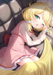 Rule 34 | 1girl, ;o, absurdres, ahoge, blanket, blonde hair, blush, commentary request, couch, dress, frilled dress, frills, green eyes, highres, huge filesize, idolmaster, idolmaster cinderella girls, idolmaster cinderella girls starlight stage, long sleeves, looking at viewer, low twintails, lying, neck ribbon, on couch, on side, one eye closed, open mouth, pillow, pink dress, red ribbon, ribbon, shirt, sleeveless, sleeveless dress, solo, teeth, tsukiman, twintails, upper teeth only, white shirt, yusa kozue