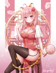 Rule 34 | 1girl, 2022, animal ears, braid, breasts, china dress, chinese clothes, chinese zodiac, dress, flower, hair flower, hair ornament, hana yuukaa, happy new year, highres, himemiya yuka, large breasts, long hair, looking at viewer, moegenki, new year, pale skin, pink eyes, pink hair, solo, tail, tiger ears, tiger girl, tiger tail, virtual youtuber, year of the tiger